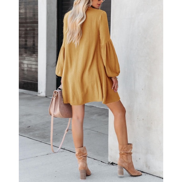 Cotton Casual Button Down Raw Hem Tunic Dress in Yellow - Picture 3 of 3